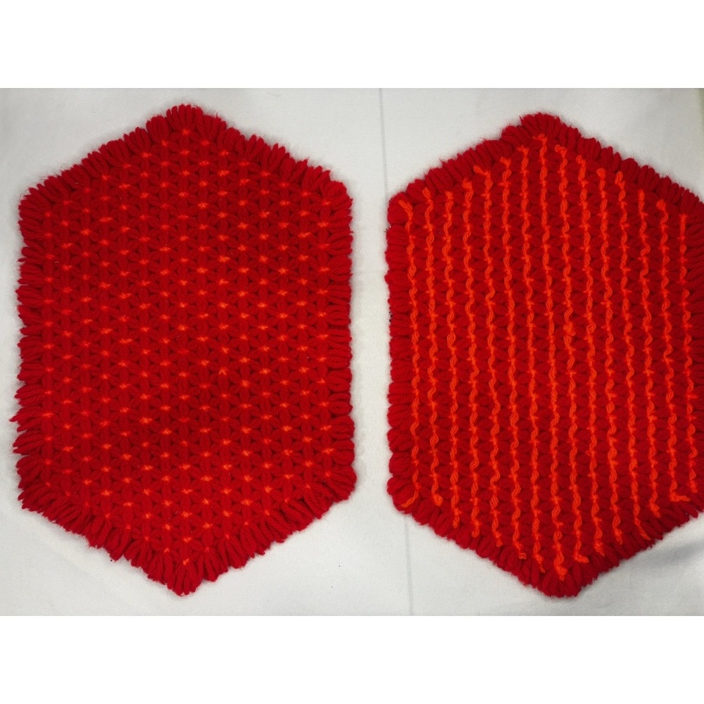 Vintage Set‎ 2 Crochet Placemat Doilies Red Orange Flowers/Stripes Handmade - Picture 7 of 7